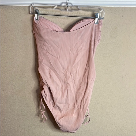 Aerie Sz Large Ribbed Cut Out One Piece Swimsuit Pastel Powder Petal Pink - Picture 5 of 10